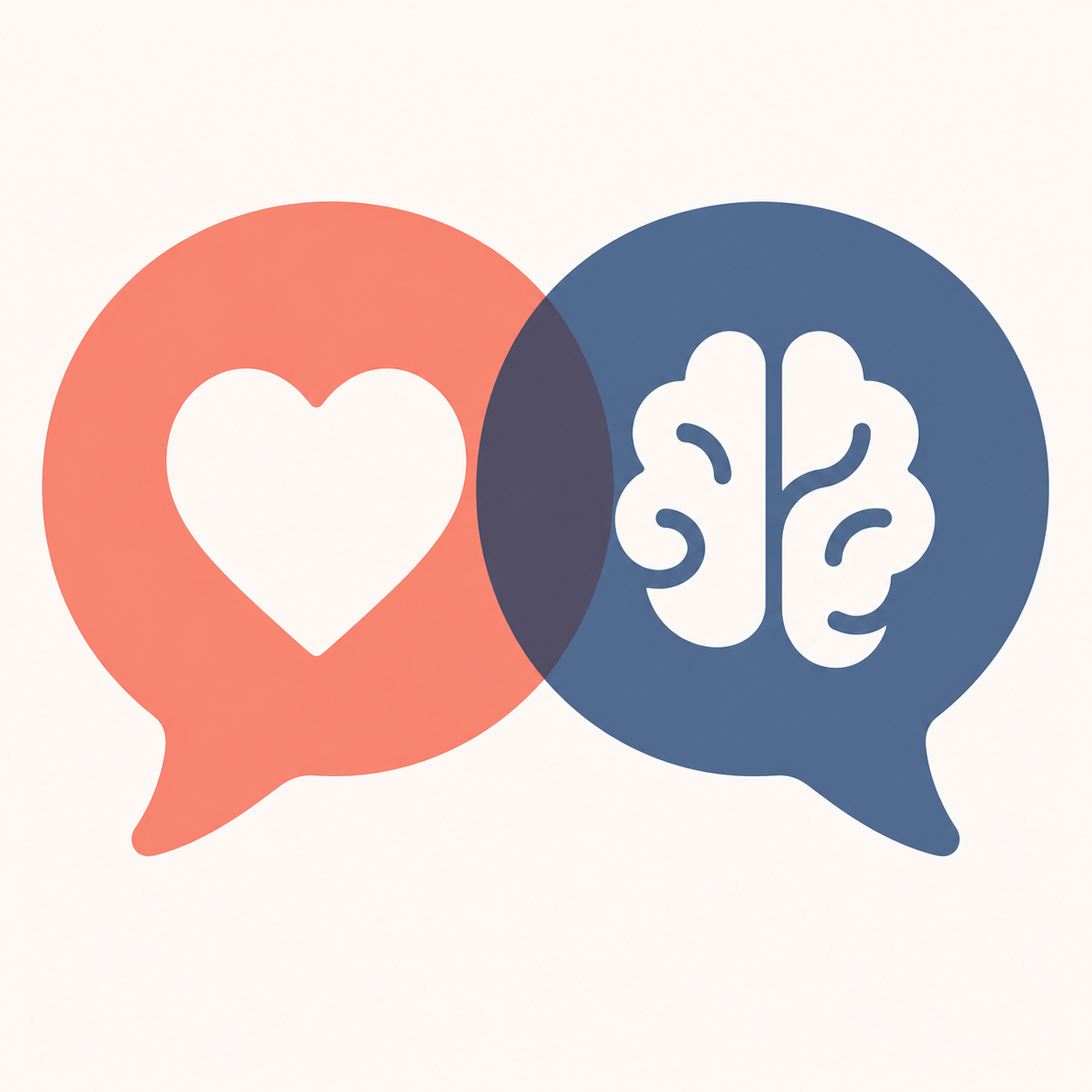 A coral heart and navy brain in overlapping speech bubbles